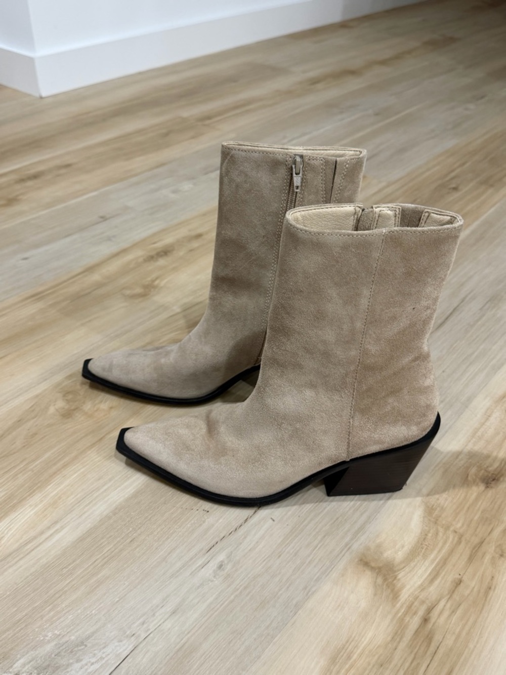 cleo Beige Suede Pointed-Toe Mid-Calf Boots